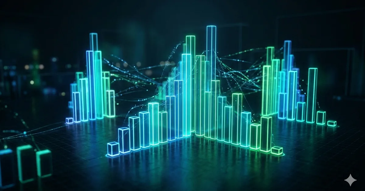 Abstract 3D data visualization with glowing green and blue bar charts on a dark background