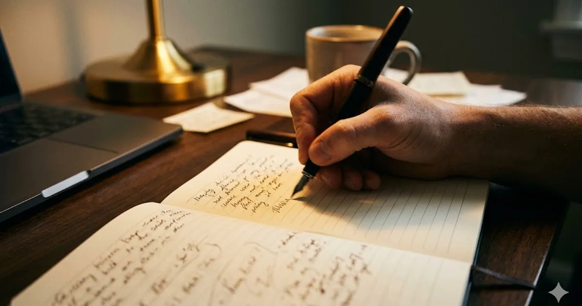 Hand writing in a paper notebook lit by a warm desk lamp, the words intentionally unreadable
