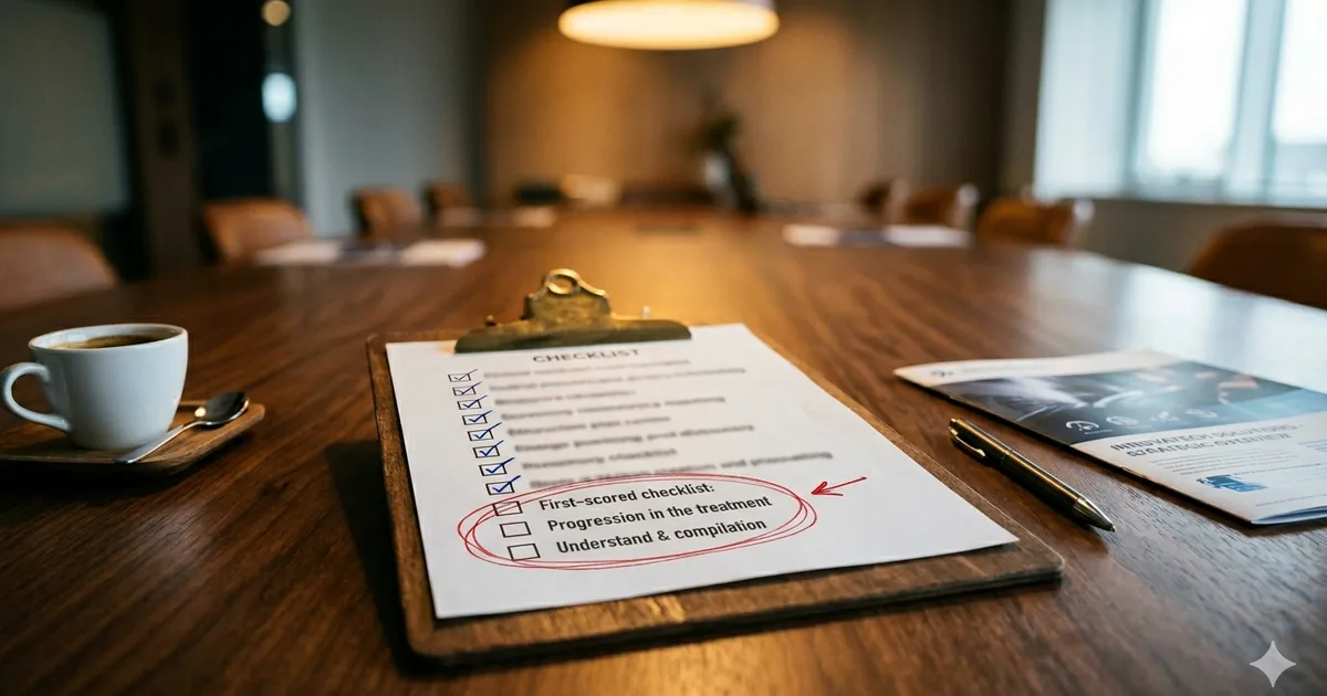 Printed checklist on a clipboard sitting on a conference room table, the bottom items circled in red