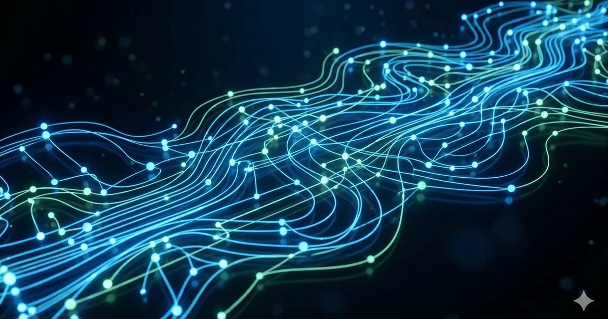 Abstract network of glowing interconnected nodes and pathways representing automated workflows