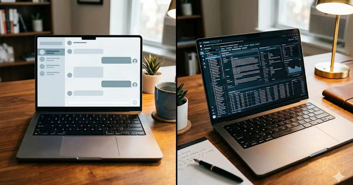 Split-frame photo of two laptops — left shows a clean generic chat interface, right shows a dense industry-specific data tool
