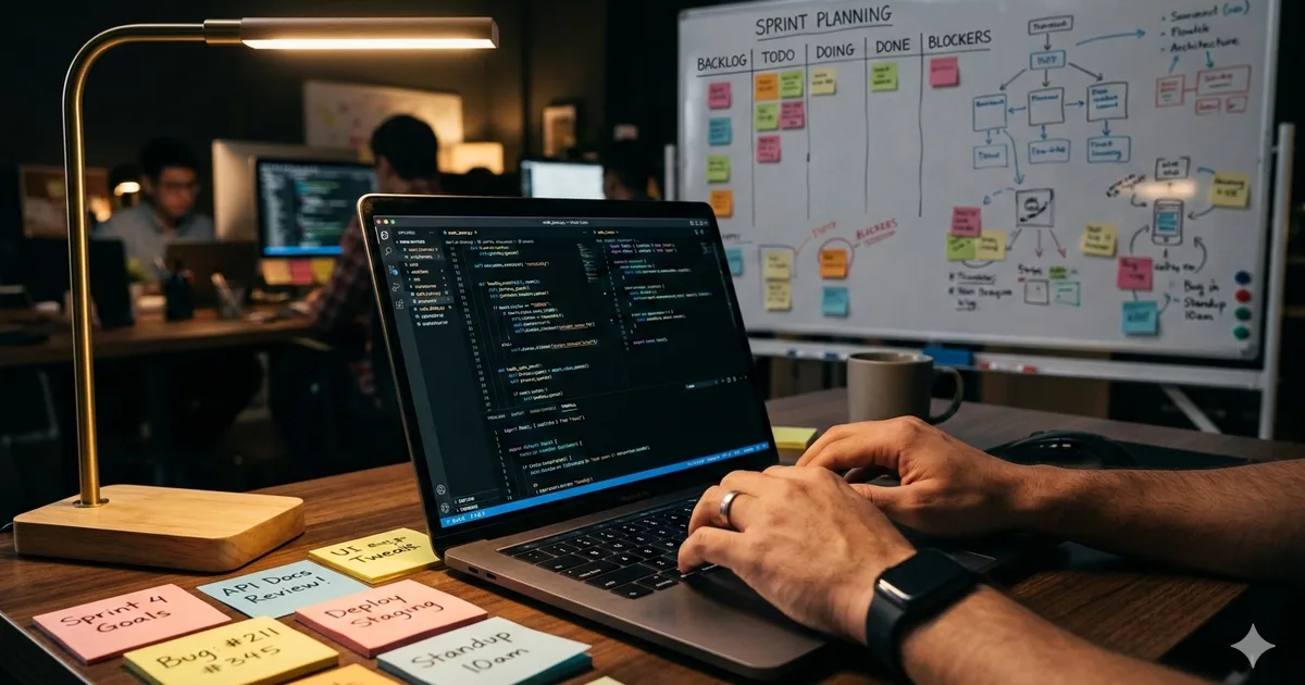 Hands typing on a laptop with code on screen and sprint planning whiteboard in background