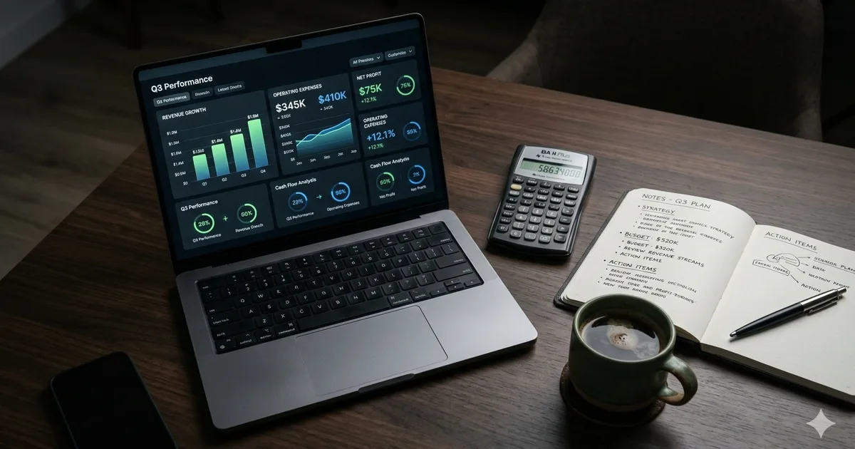 Overhead view of a desk with laptop showing financial dashboards, calculator, and notebook