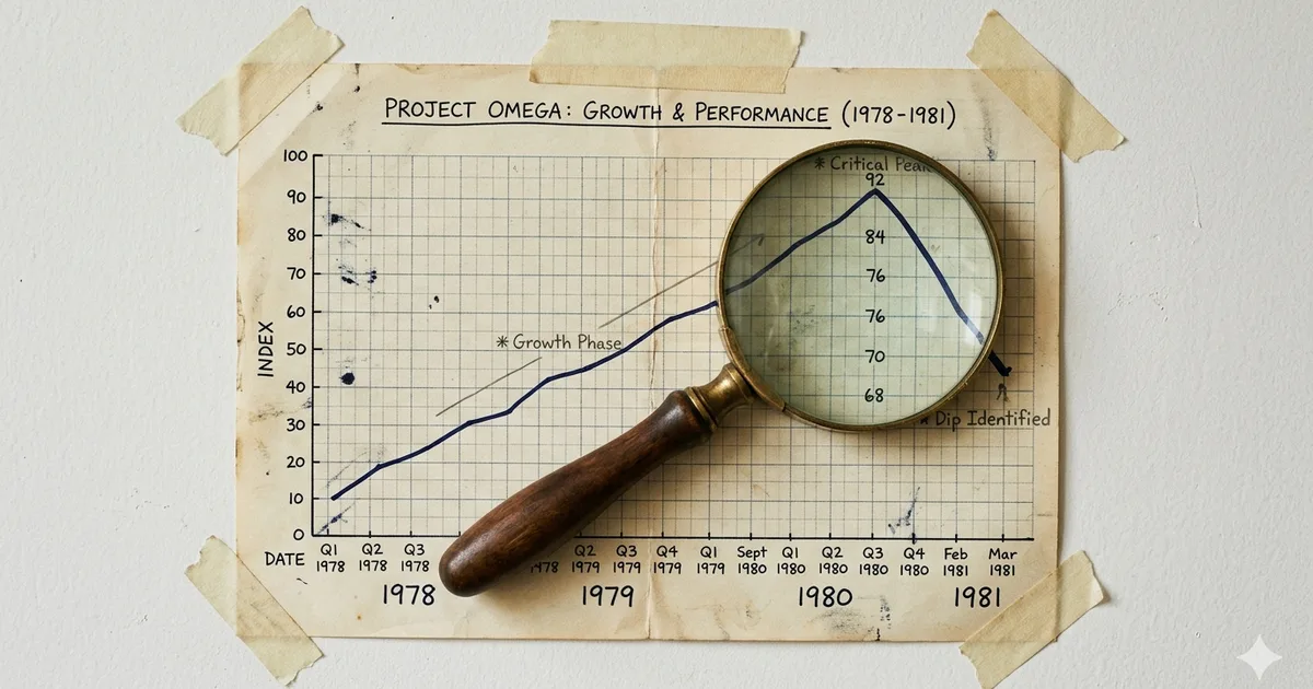 Analog graph-paper line chart taped to a wall, a vintage magnifying glass hovering over a dip in the line