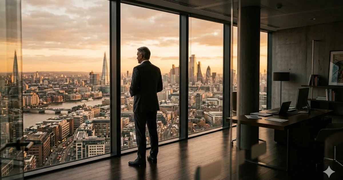 Business leader looking out at a city skyline from a modern office window at golden hour