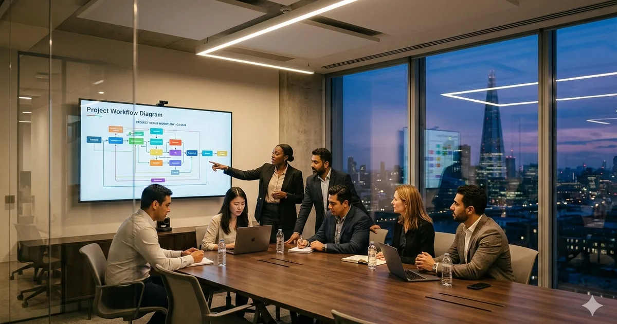 Team collaborating around a screen displaying workflow diagrams in a modern conference room