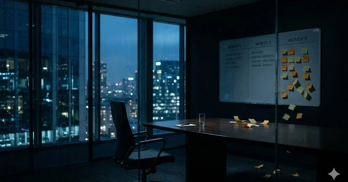 Empty dark meeting room at night with a whiteboard showing Month 1, 2, 3 columns — Month 3 sticky notes have fallen onto the table
